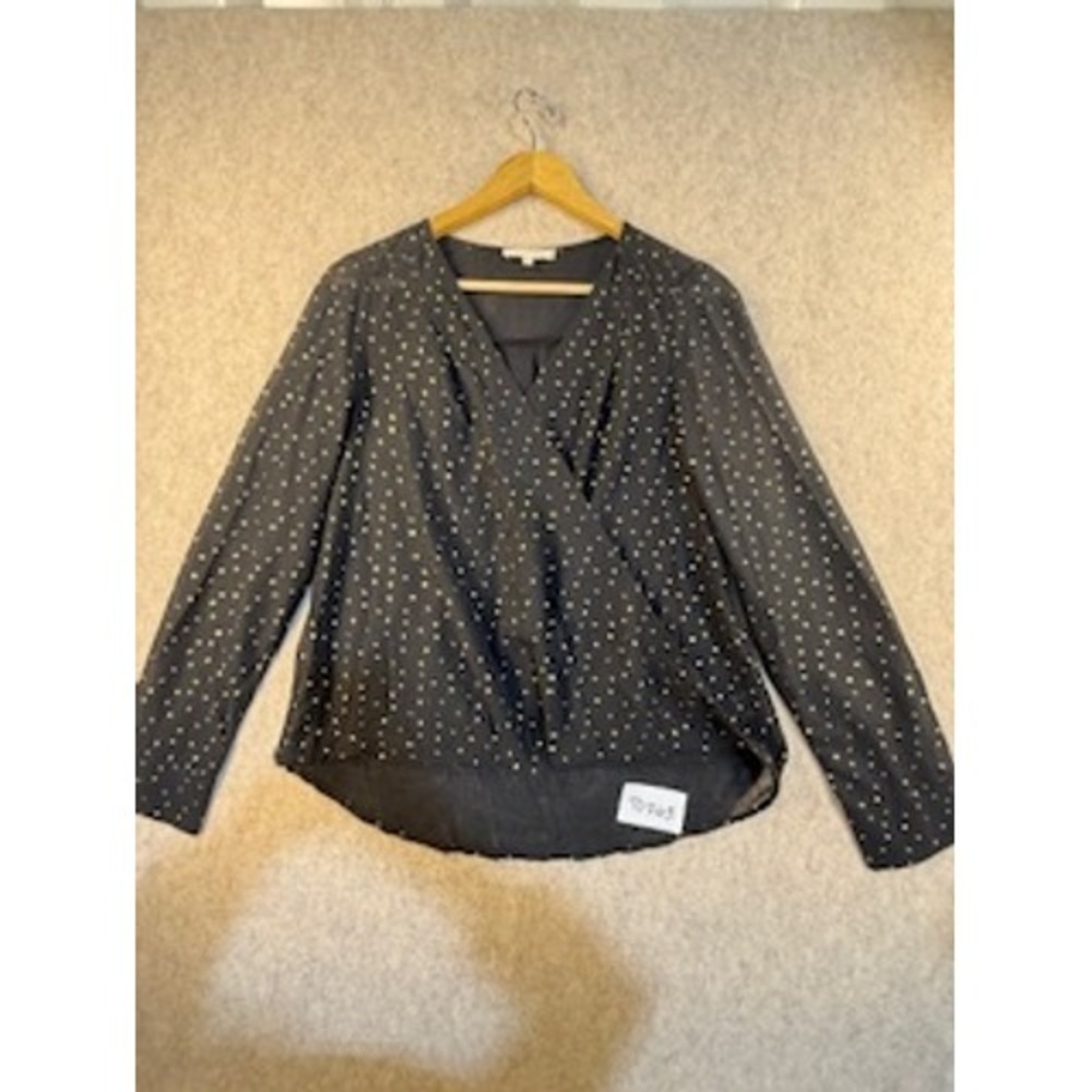 Mystree Metallic Gold Dot Surplice Faux Wrap Blouse Black Long Sleeve Small‎